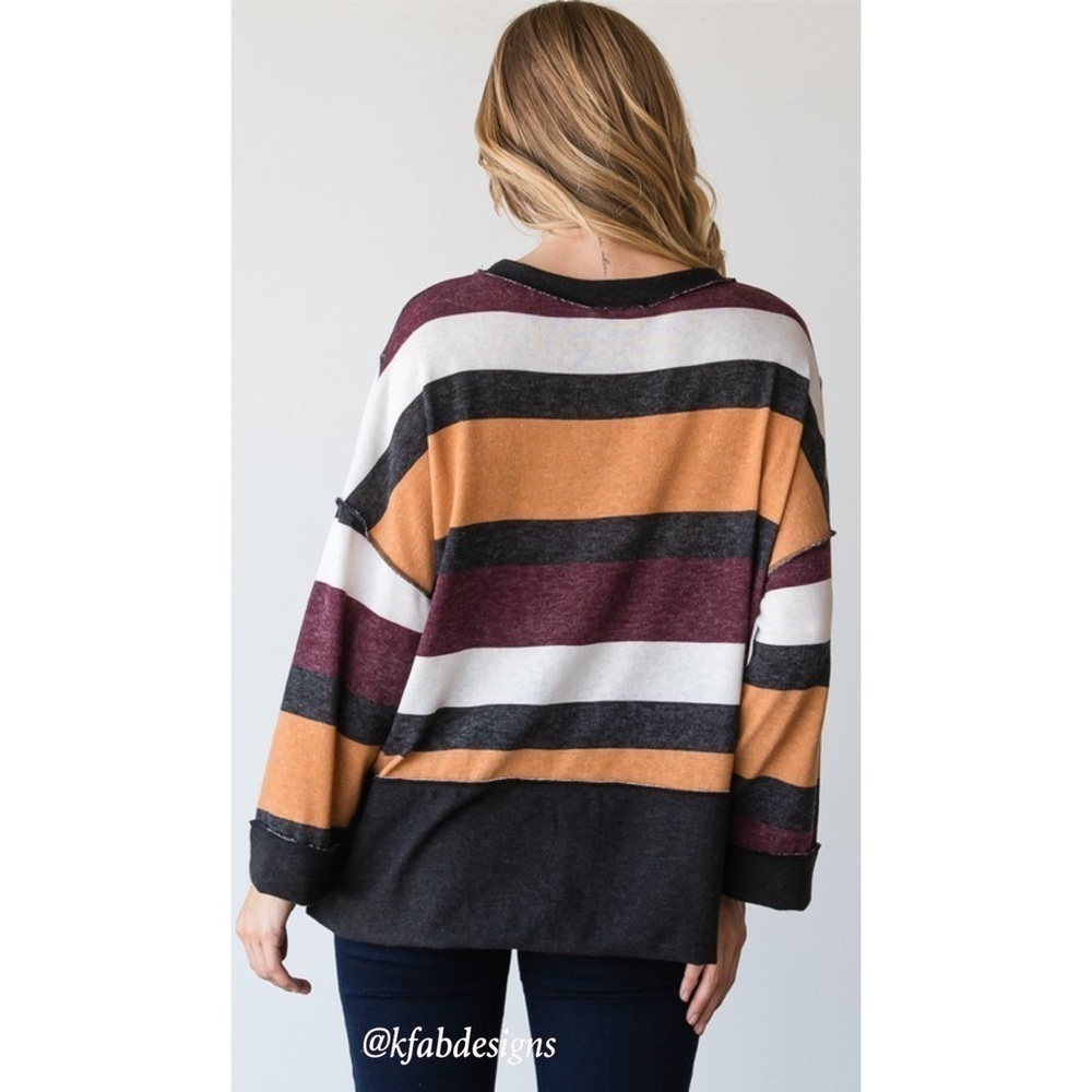LAST 2! V Neck Large Striped Soft Top In a Relaxed Style and Rich Colors! - Picture 6 of 7